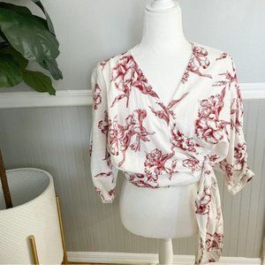 Zara Linen Blend Floral Cropped Puff Sleeve Wrap Top Size XS